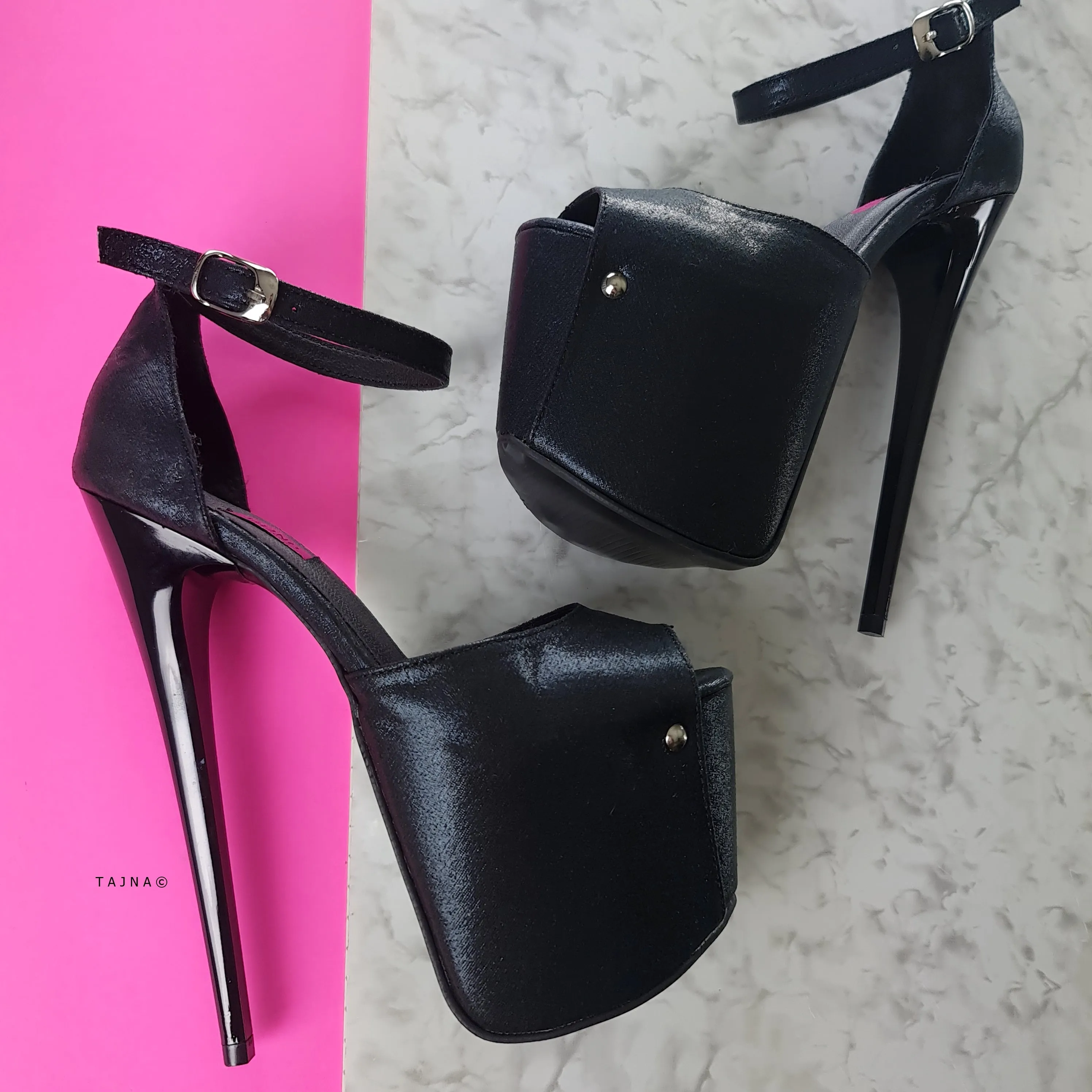 Black Hard Satin Ankle Strap High Heel Sandals