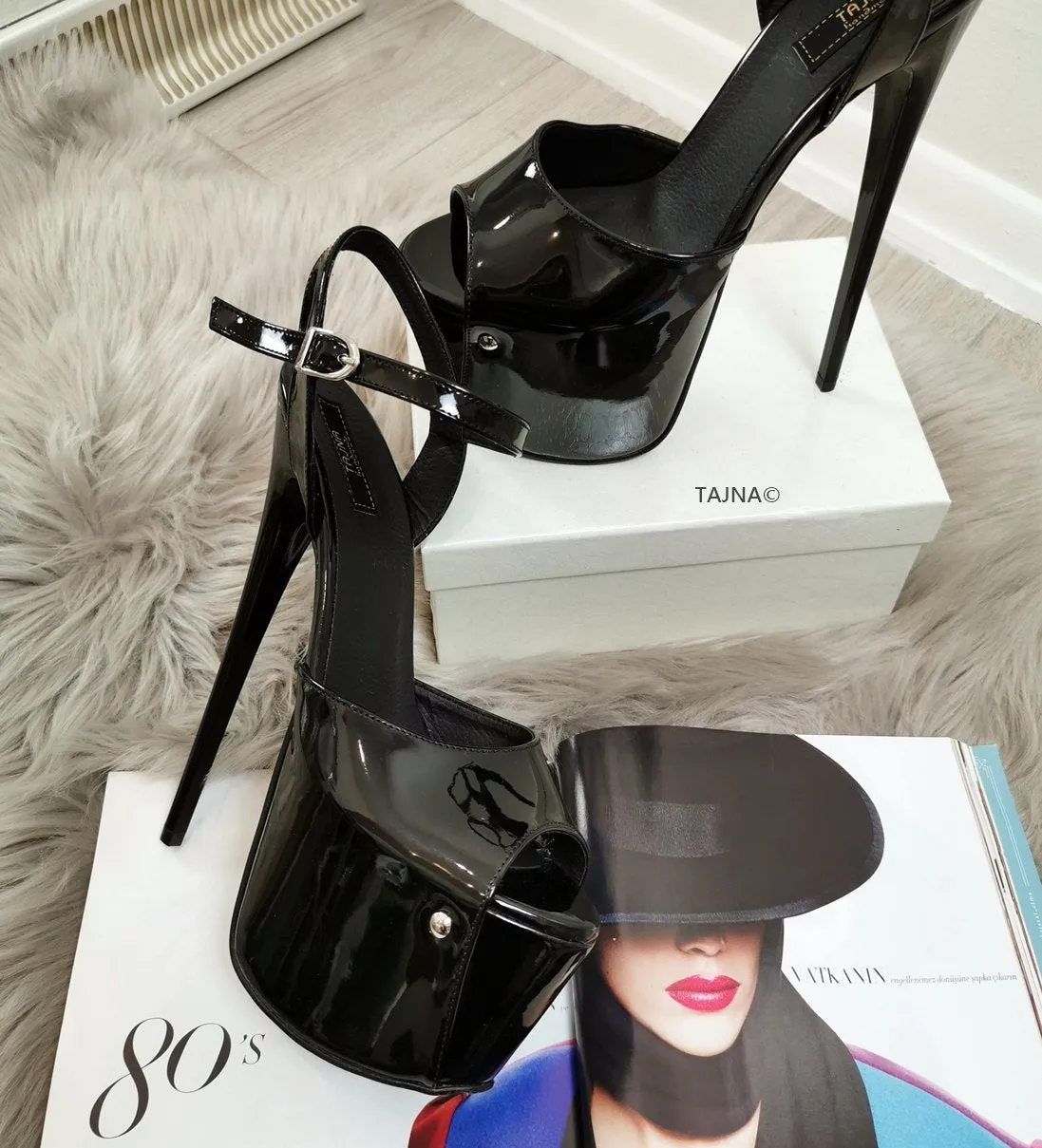 Black Patent High Heel Platform Sandals