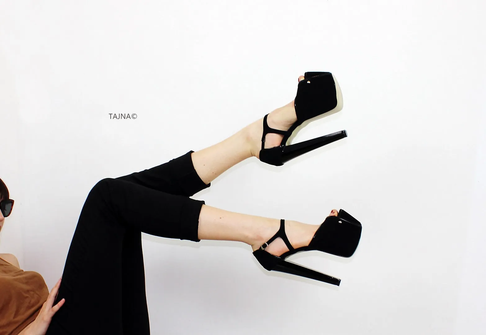 Black Suede V Ankle Platform Heels