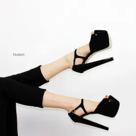 Black Suede V Ankle Platform Heels