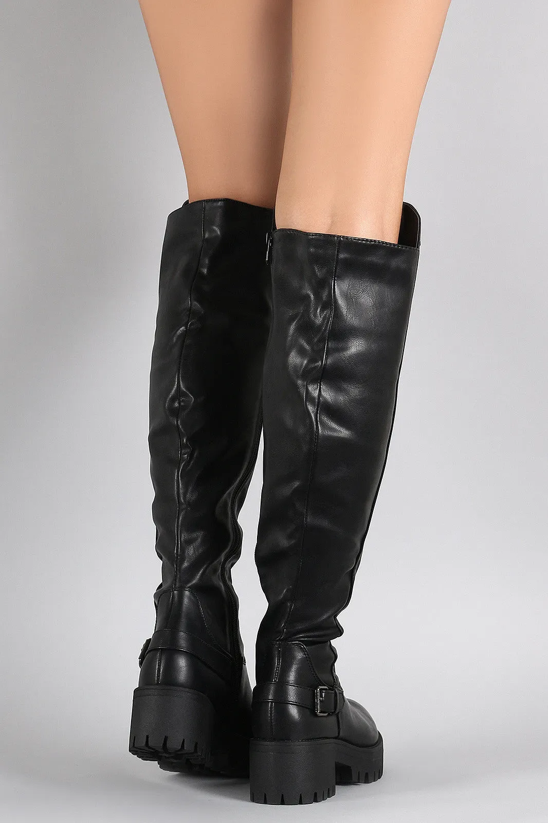 Buckle Round Toe Lug Sole Flatform Riding Over-The-Knee Boots