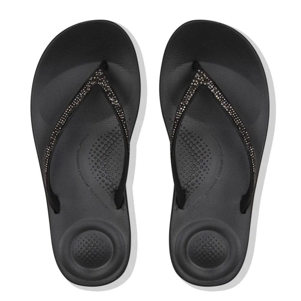 Fitflop R08-001 Iqushion Sparkle Ladies Black Toe Post Sandals