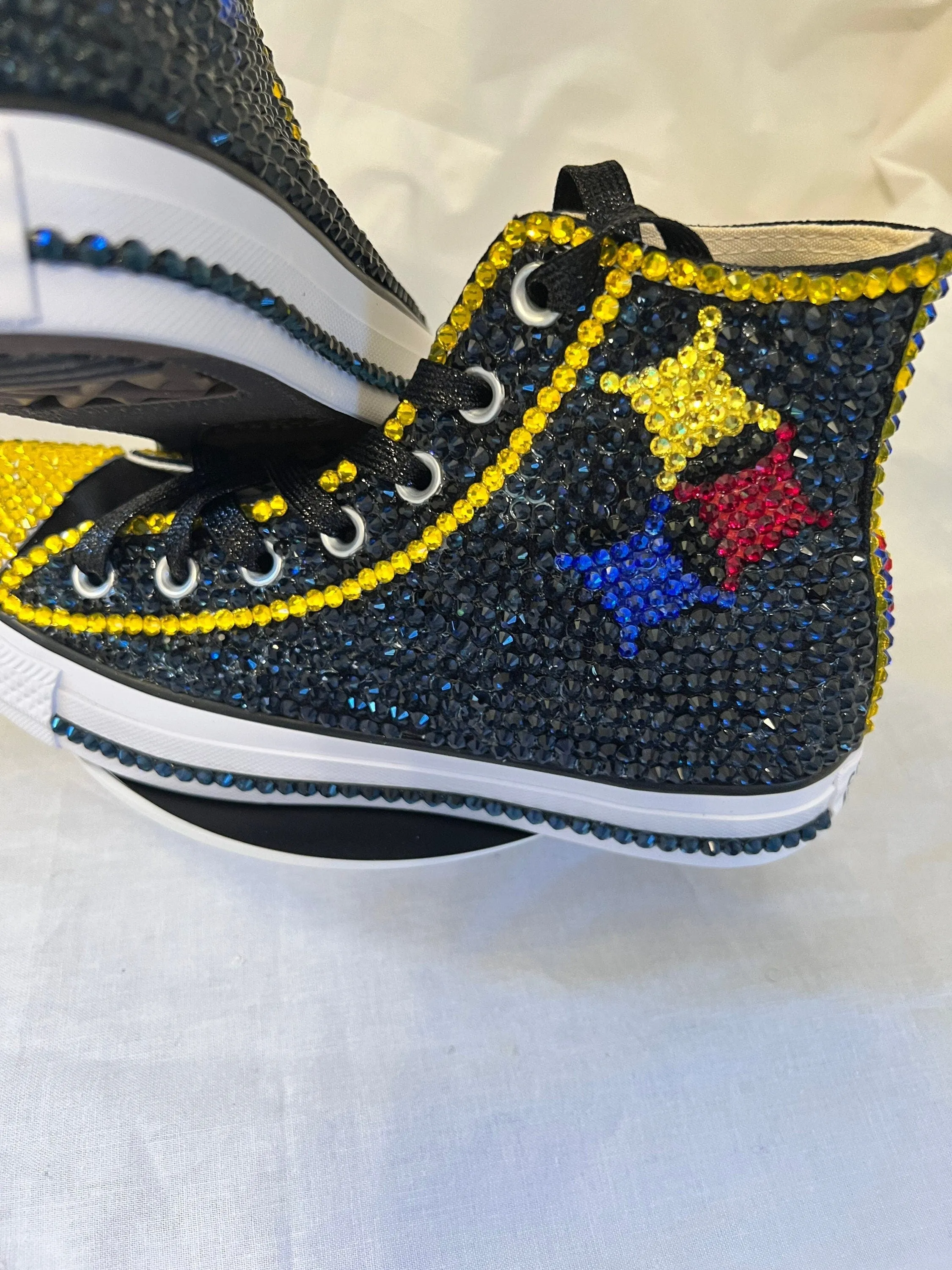 Fully Rhinestoned Professional or College Hi-Top Tennis Shoes, converse, wedding, quinceanera, bling shoes