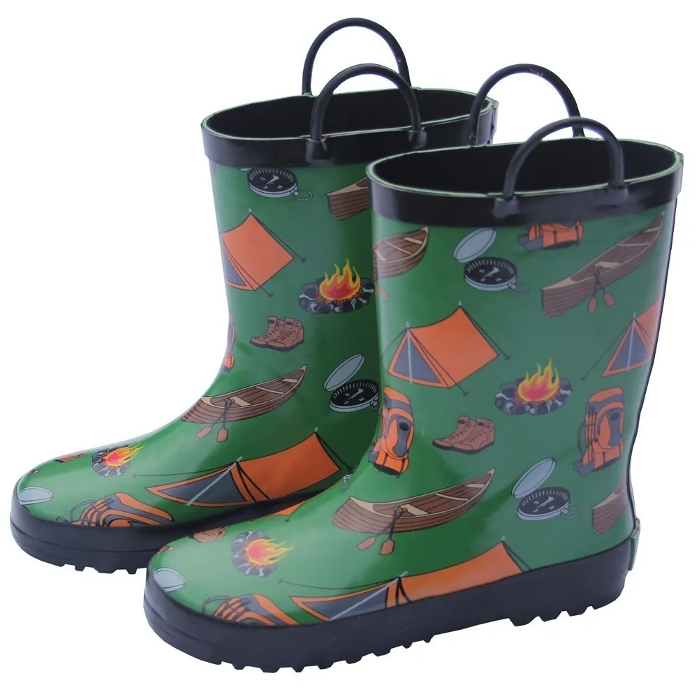 Little Boys Green Camping Print Pull On Handle Rain Boots 5-10 Toddler