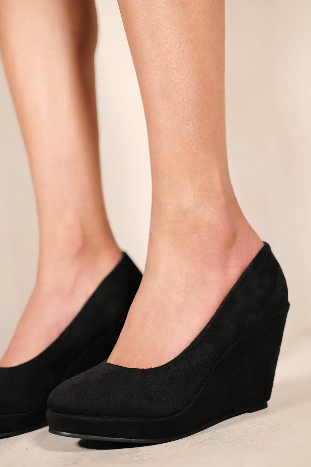 LUISA PLATFORM WEDGE HEEL COURT SHOES IN BLACK SUEDE