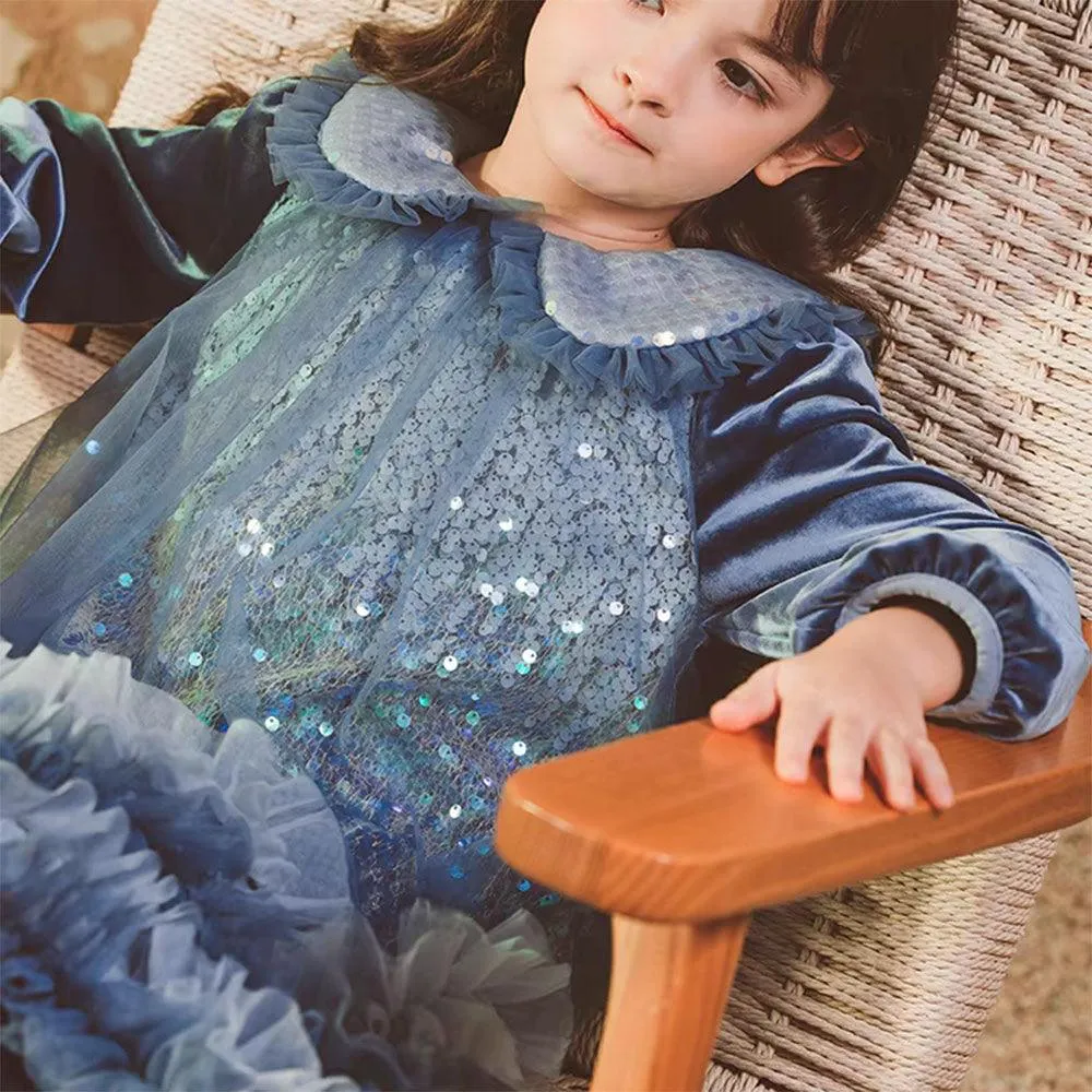 Sparkling Fairy Tale Princess Dress Blue Dream Girls' Dress Elegant Velvet Girls' Dress