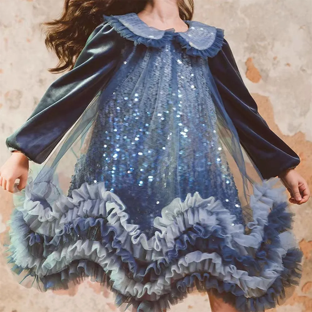 Sparkling Fairy Tale Princess Dress Blue Dream Girls' Dress Elegant Velvet Girls' Dress