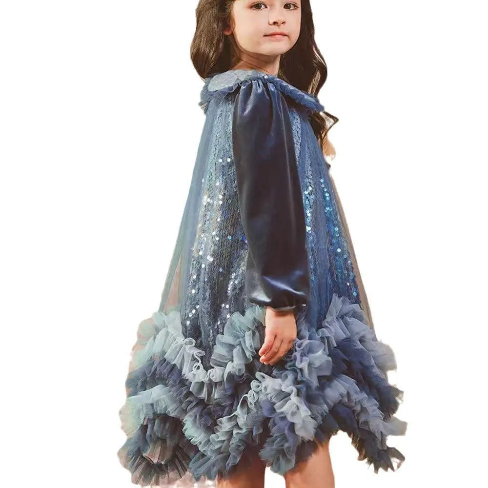 Sparkling Fairy Tale Princess Dress Blue Dream Girls' Dress Elegant Velvet Girls' Dress