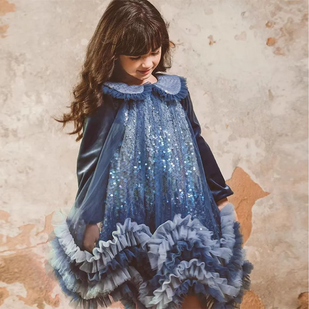 Sparkling Fairy Tale Princess Dress Blue Dream Girls' Dress Elegant Velvet Girls' Dress