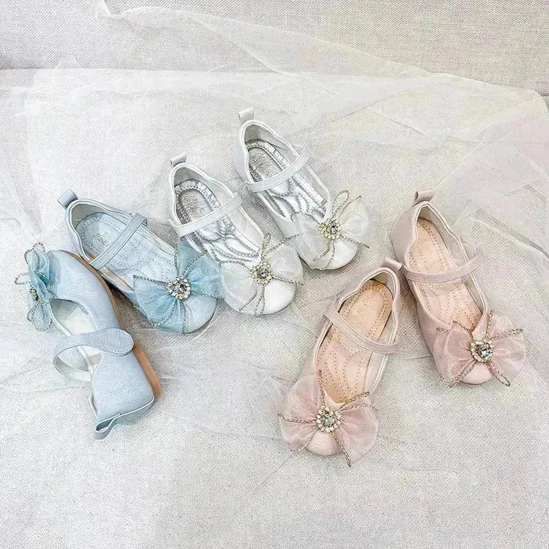 Spring New Girls' Single Shoes Cute Bow Rhinestone Soft Sole Flat Shoes