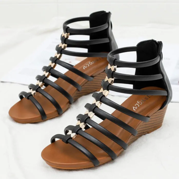 Vintage wedge heels gladiator sandals peep toe strappy sandals