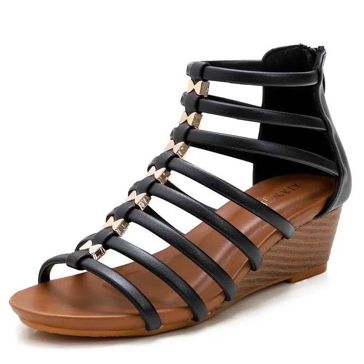 Vintage wedge heels gladiator sandals peep toe strappy sandals