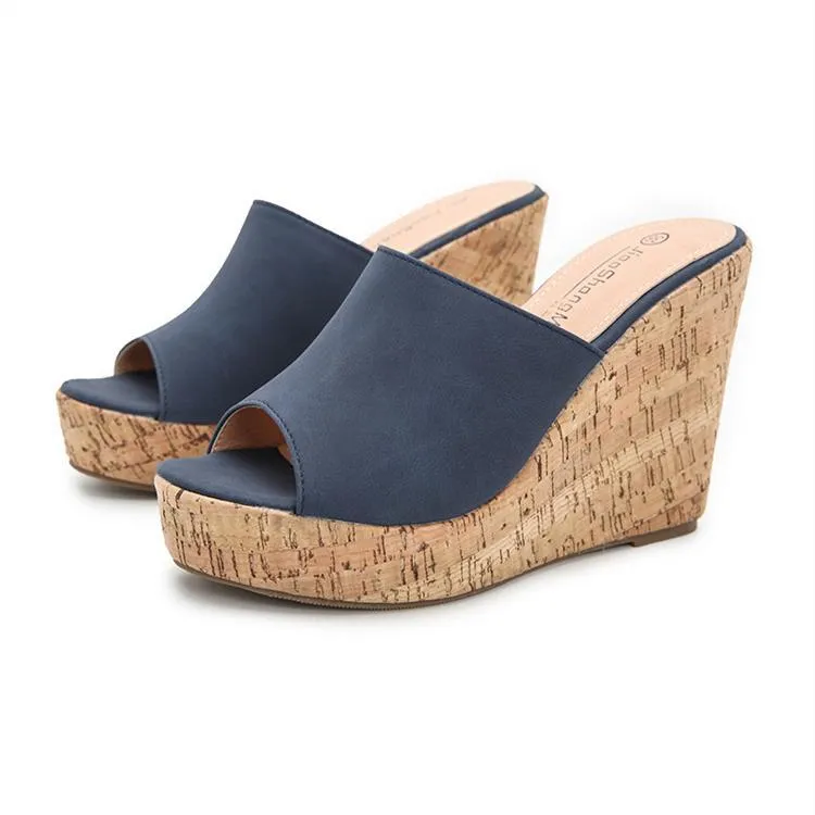 Women platform peep toe strap slip on wedge heels