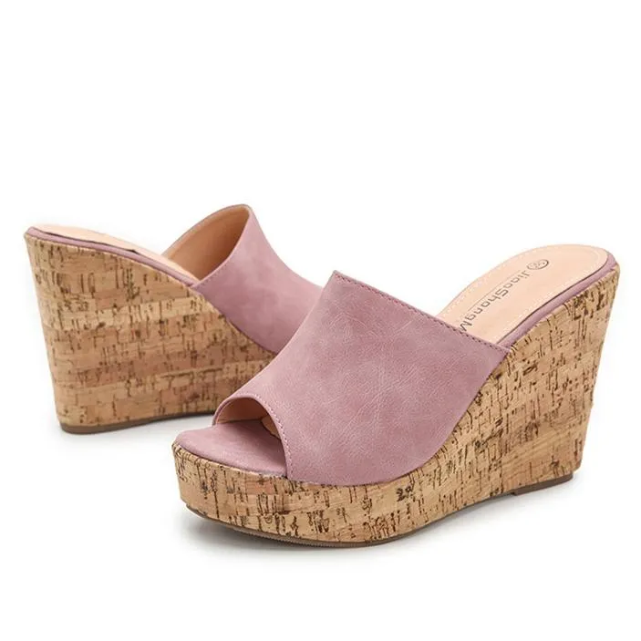 Women platform peep toe strap slip on wedge heels