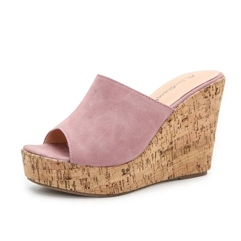 Women platform peep toe strap slip on wedge heels