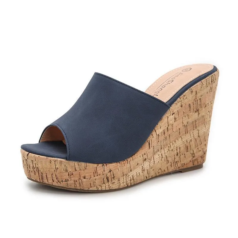 Women platform peep toe strap slip on wedge heels