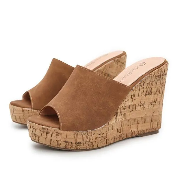 Women platform peep toe strap slip on wedge heels