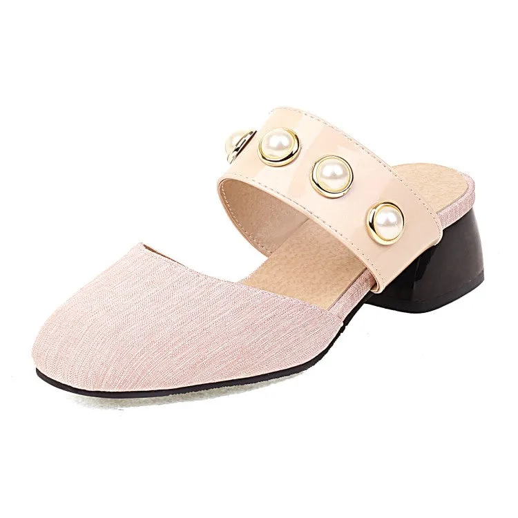 Women's Lattice Pearls Block Chunky Heel Slides